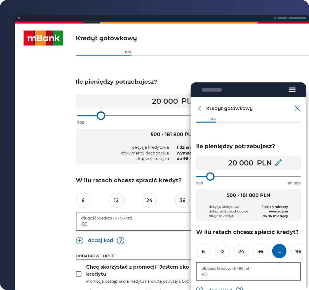 The views displayed in online banking and the website for non-logged-in customers (left), and the mobile application (right)