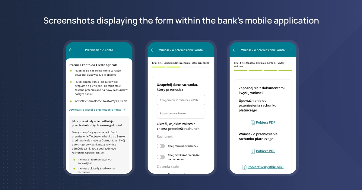 Screenshots displaying the form within the bank's mobile application.