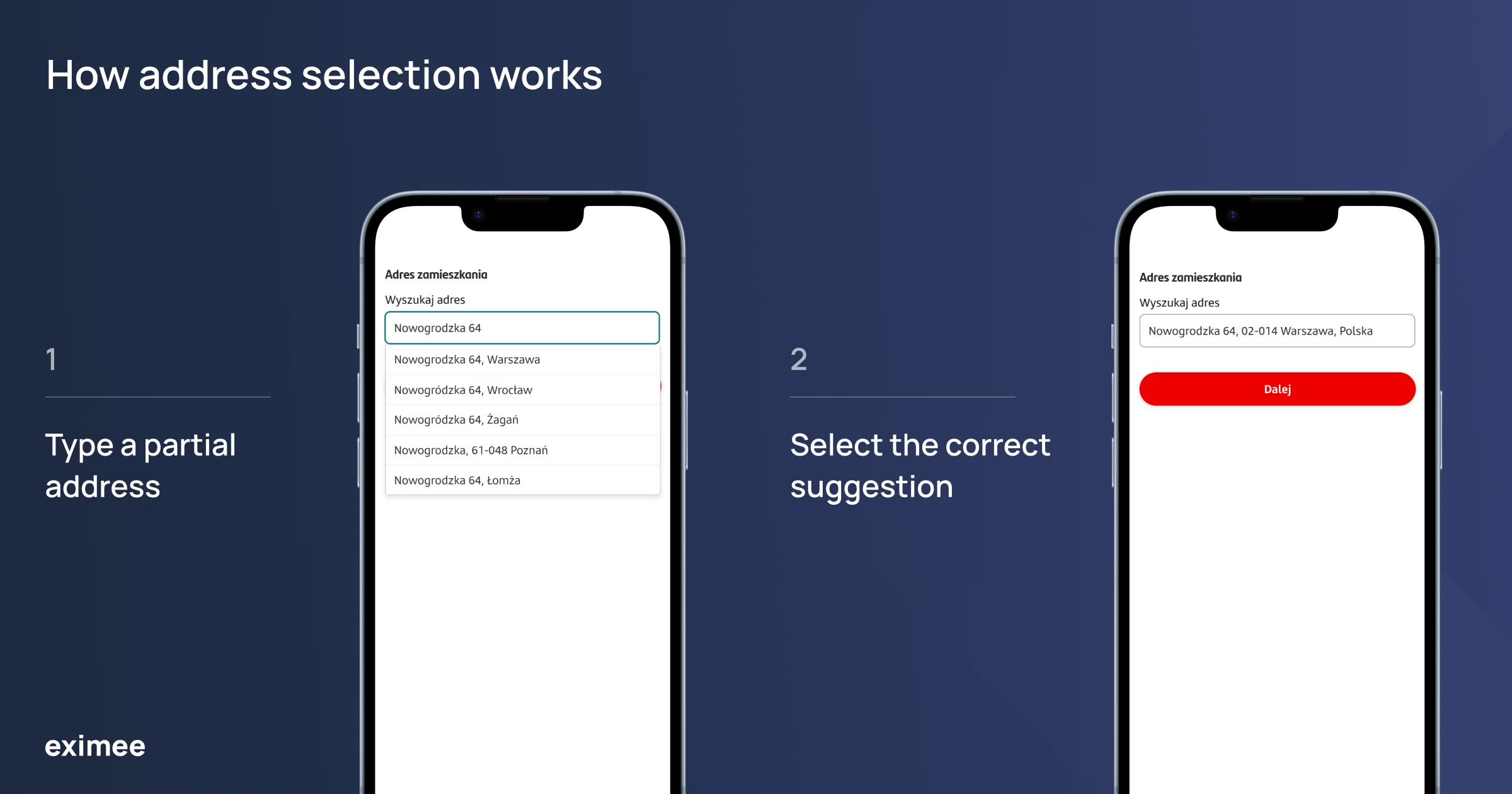 Entering a partial address, selecting a suggestion, and confirming the result.